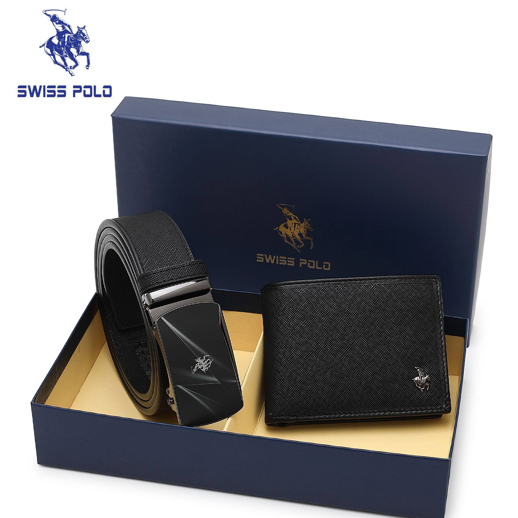 SWISS POLO Gift Set/ Box RFID Bifold Wallet With Belt SGS 557-2 BLACK