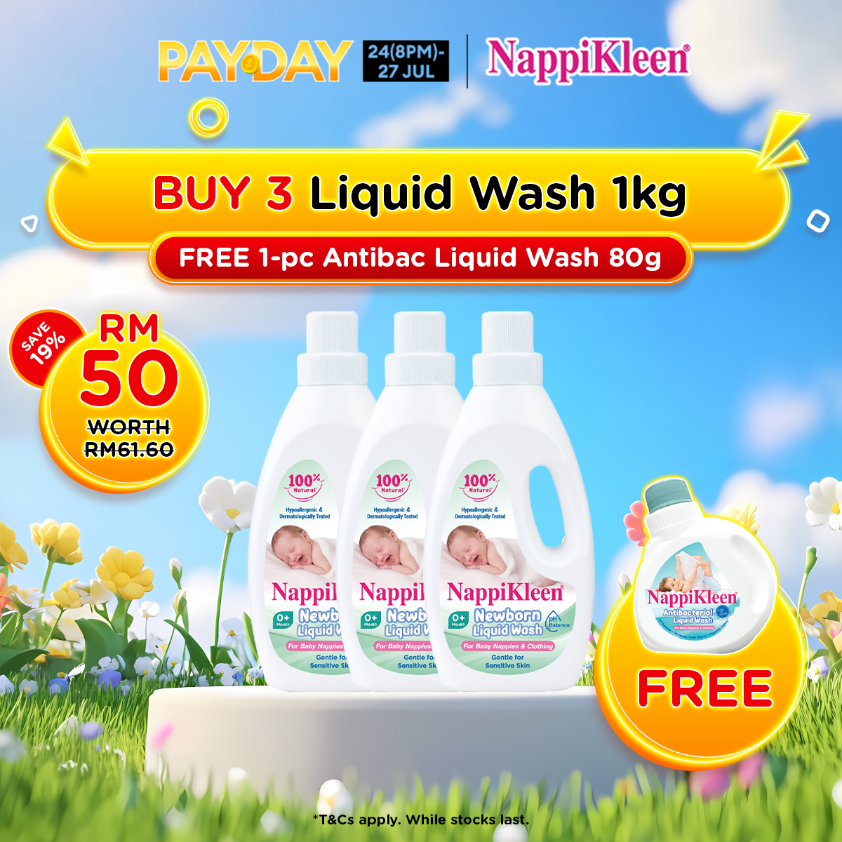 [Payday Exclusive] Nappikleen Newborn Liquid Wash 1KG x3 + Nappikleen Antibacterial Liquid Wash 80g