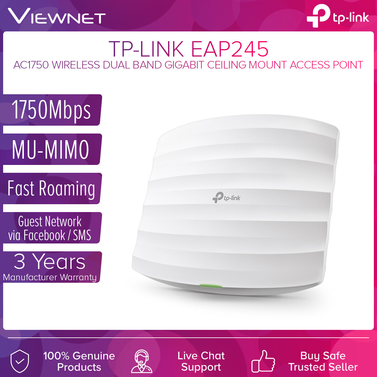 TP-Link EAP245 AC1750 Mesh Dual band Wireless MU-MIMO Gigabit Ceiling Mount Access Point EAP245