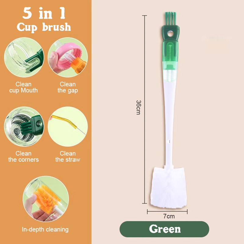 5 IN 1 Bottle Brush Set Long Handle Multifunctional Wash Cup Brush Baby Bottle Brush Lid Groove Cleaning Brush Straw Brush奶瓶刷子