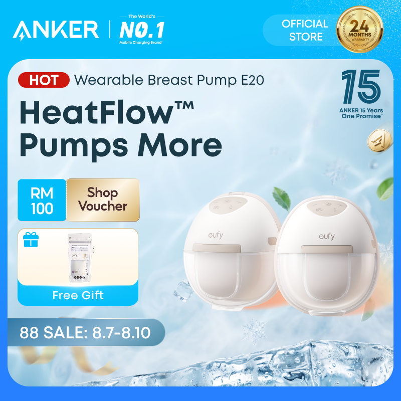 ANKER eufy Heated Wearable Breast Pump E20 3 Heat Levels Hands-Free Breast Pump with Innovative HeatFlow™ Optimized Rhythm via App Hospital-Grade Suction Leakproof Ultra-Slim - T6060