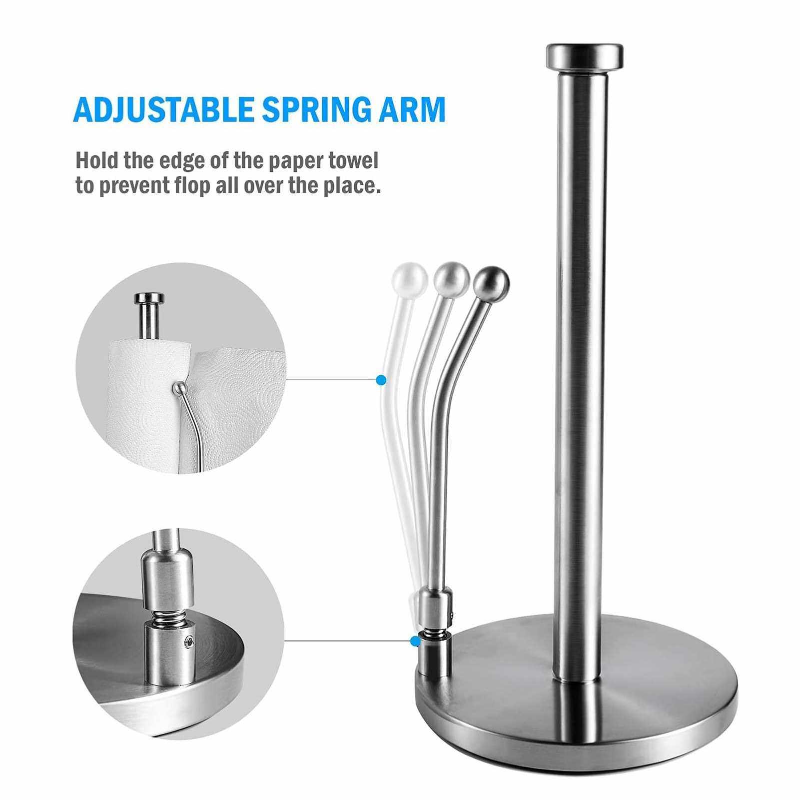 Stainless Steel Paper Towel Holder Standing Paper Towel Organizer Roll Dispenser Spring Loaded Paper Towel Holder for Kitchen Countertop Home Dining Table Silver (Standard)