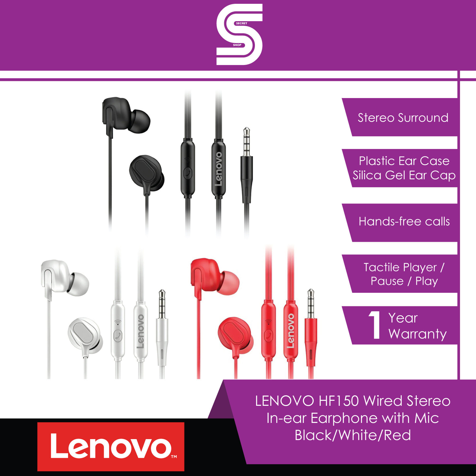 LENOVO HF150 Wired Stereo In-ear Earphone with Mic - Black/White/Red