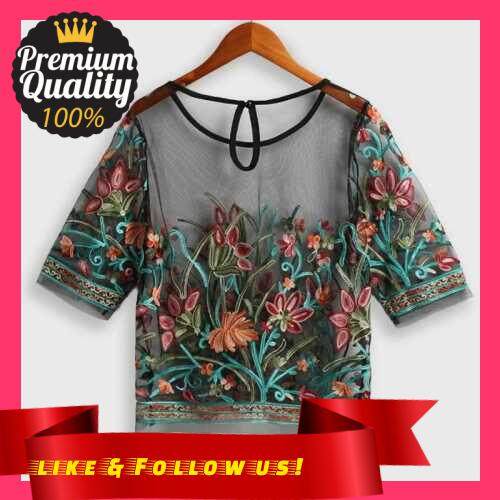 People's Choice Women See Through Blouse Transparent Mesh Floral Embroidered Half Sleeves Sheer Plus Size T-shirts Casual Tops Black (Black)