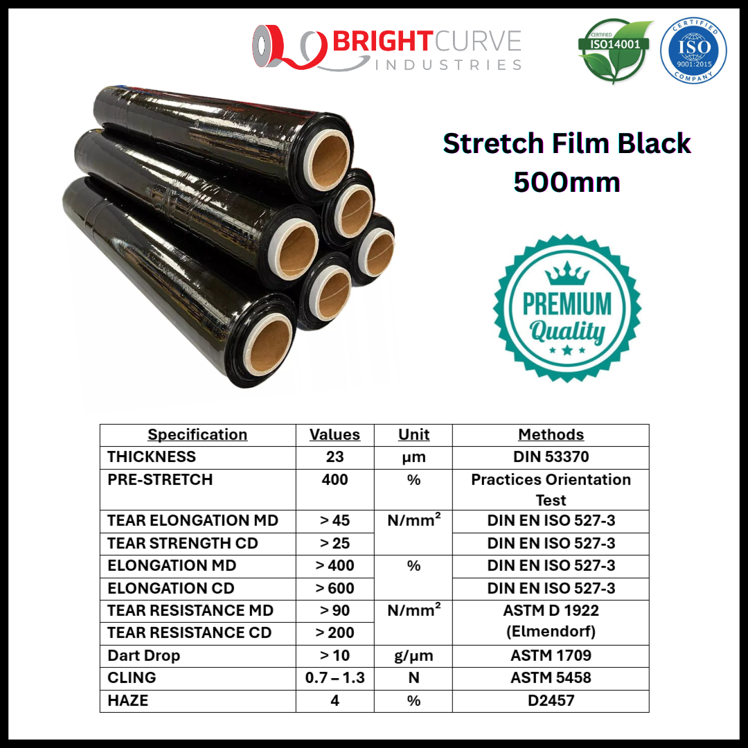 *GUARANTEE FILM & CORE WEIGHT* Grade A Stretch Film Virgin Plastic Non Recycle Clear Black 500MM 250MM (1 ROLL)
