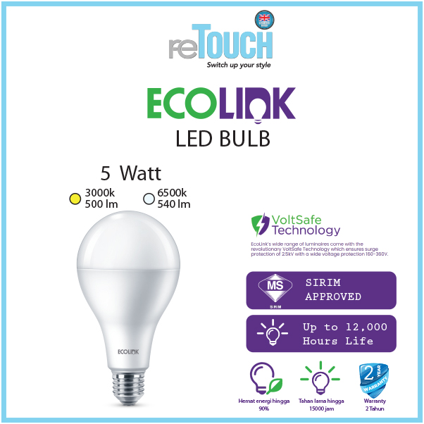 [SIRIM] ECOLINK E27 LED Light Bulb 3W 5W 7W 9W 11W 13W 14.5W 19W Sirim Certified Round Bulb P45 A60 A65 A67 A80