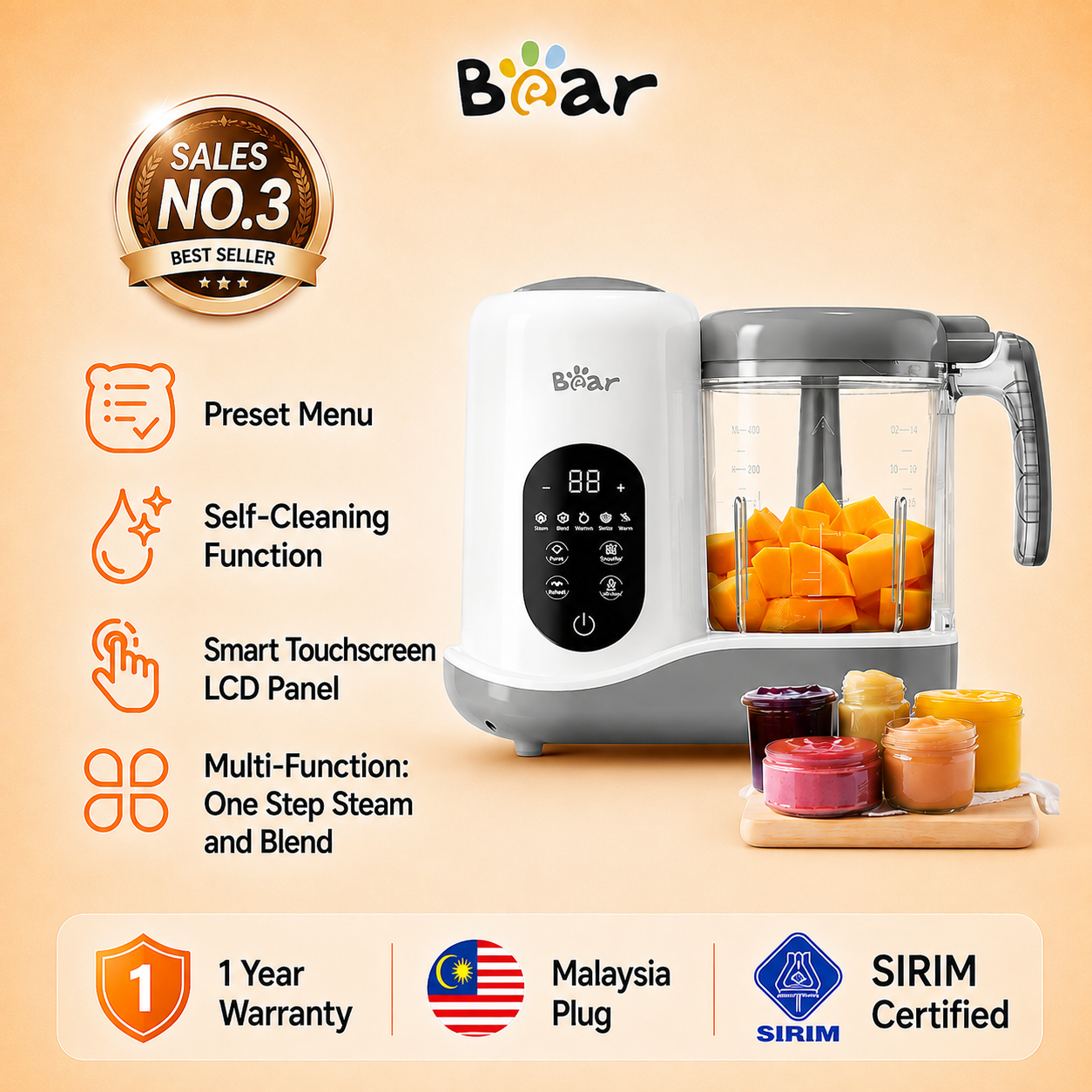 Bear Baby Food Maker One-Touch Steam & Blend Auto Cooker 400ml Ideal for Infant Puree & Toddler Meals