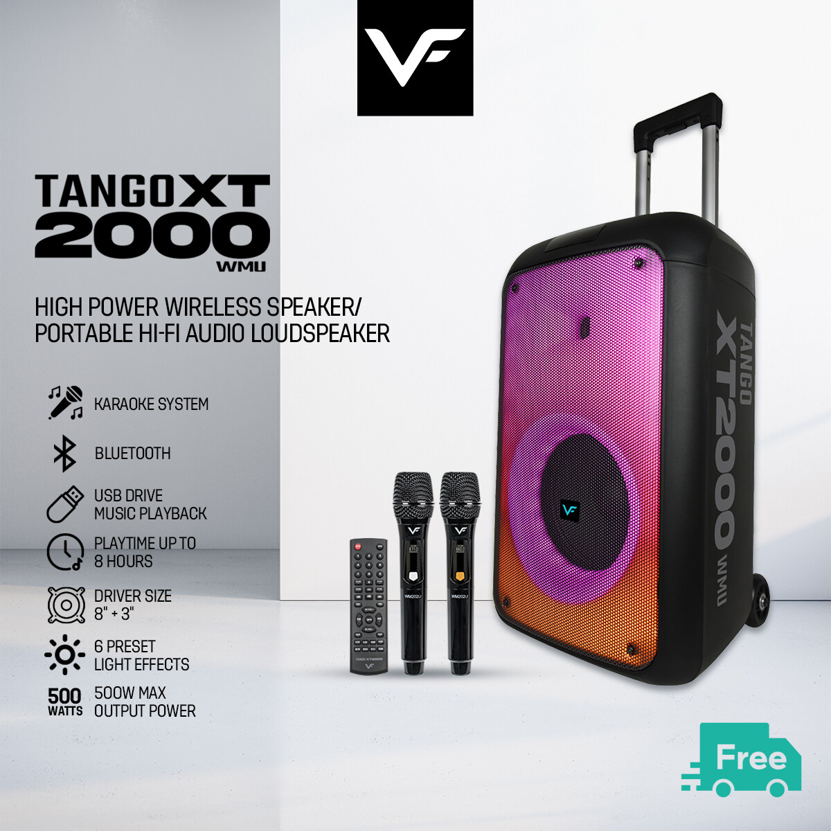 Vinnfier VF Tango XT2000 WMU Bluetooth Portable HI-FI Audio Loud Speaker Karaoke PartyBox Speaker with 2 Wireless Mic