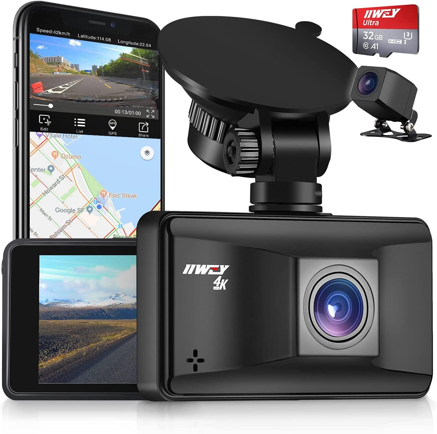 C54 iiwey 4K Dash Cam Front Rear with WiFi GPS, Upgraded Front 4K Rear 1080P or Single Front 4K 2160p@30fps Car Camera