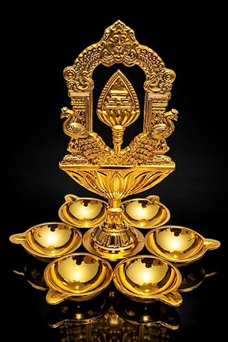 Mayil Arumuga Vilakku with vel & Temple Arch – Traditional Brass 6 Deepas Oil Lamp for Pooja | Vilakku for Temple and Home Décor | Sashti Pooja Karthigai Deepam Skanda Shasti ( 7”inch Height)
