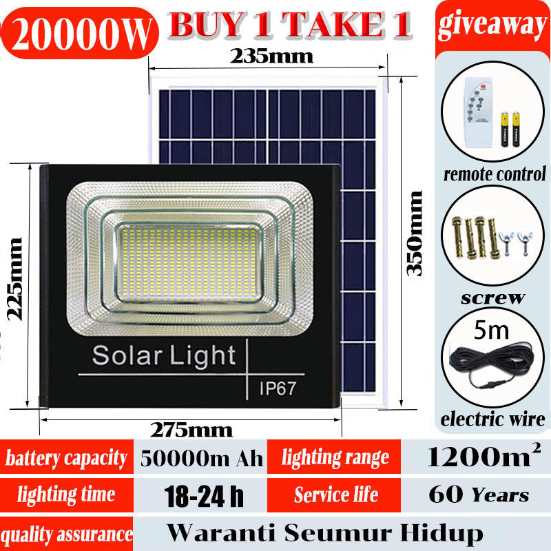 🎁BUY 1 TAKE 2🎁Lampu Solar Light Solar Light Outdoor LED waterproof IP67 street light with remote control 1000W/2000W/4000W High Power with solar panel Suitable for garden parking lot