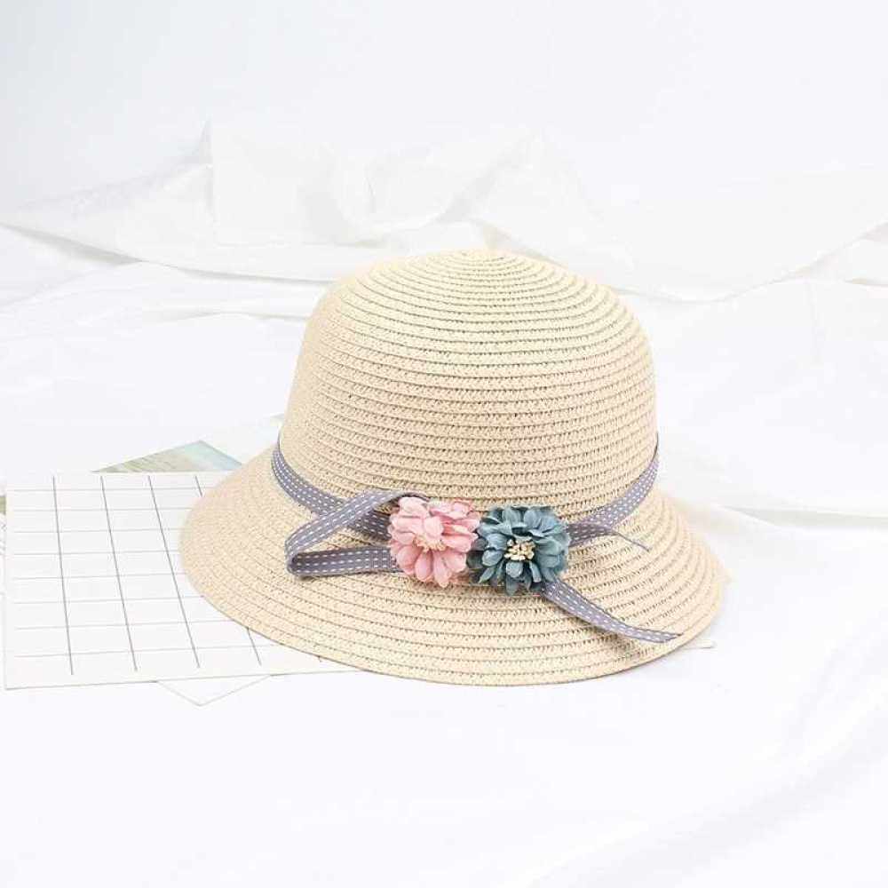 Kids Girl Summer Sun Straw Hat Flower Adjustable Dome Panama Beach Holiday Cap (Beige)