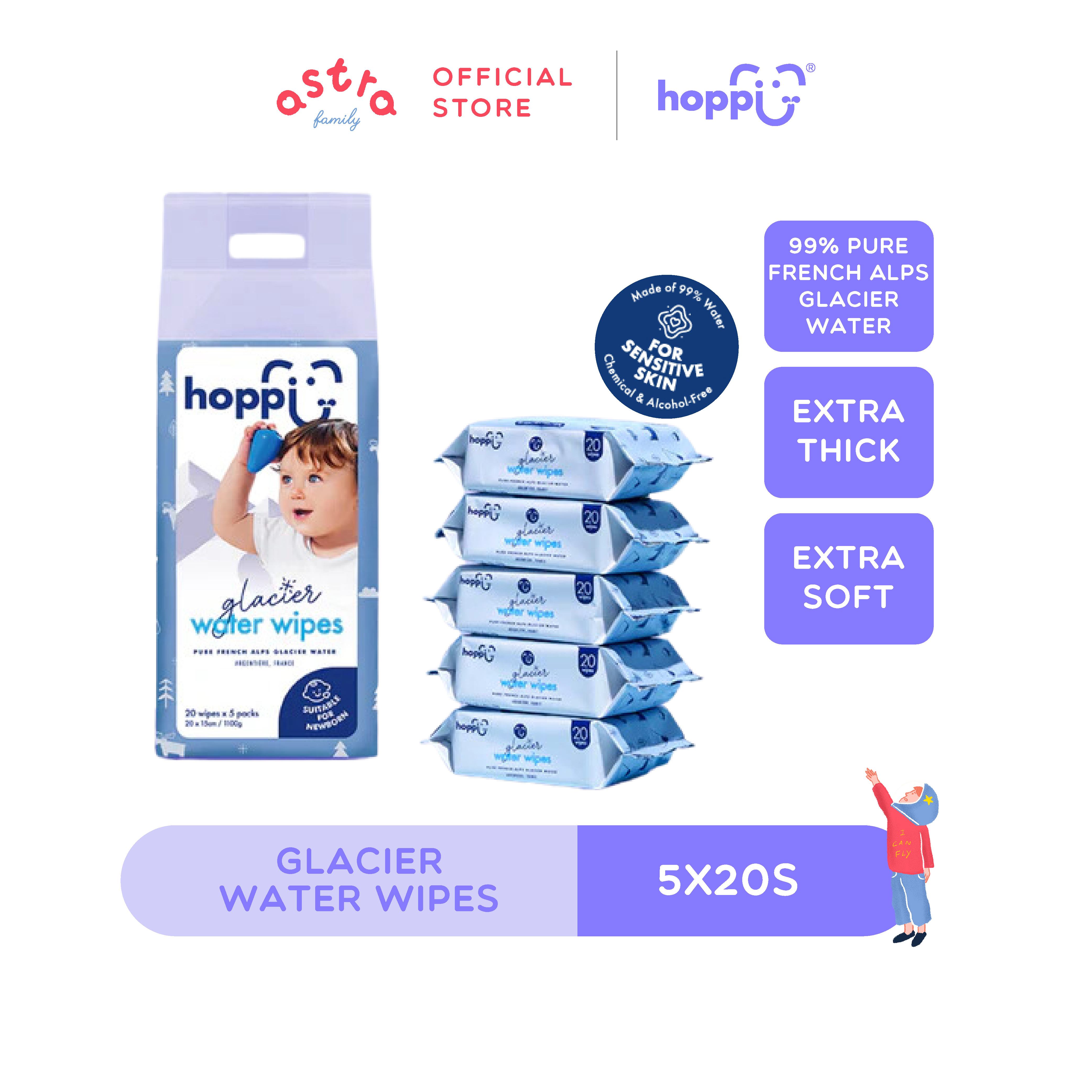 Hoppi Glacier Water Wipes 20s x 5packs