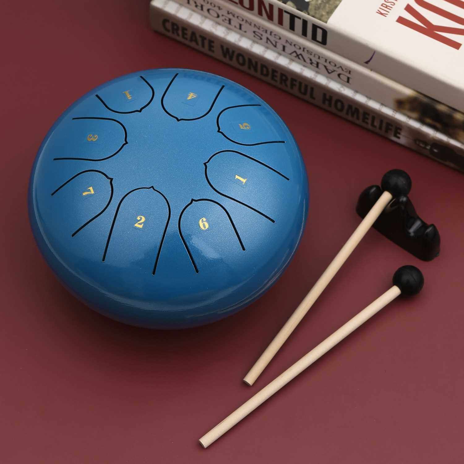 8 Notes C-key 6-inch Mini Steel Tongue Drum Hand Pan Drum Percussion Instrument with Drumsticks for Musical Education Concert Mind Healing Yoga Meditation (Blue)