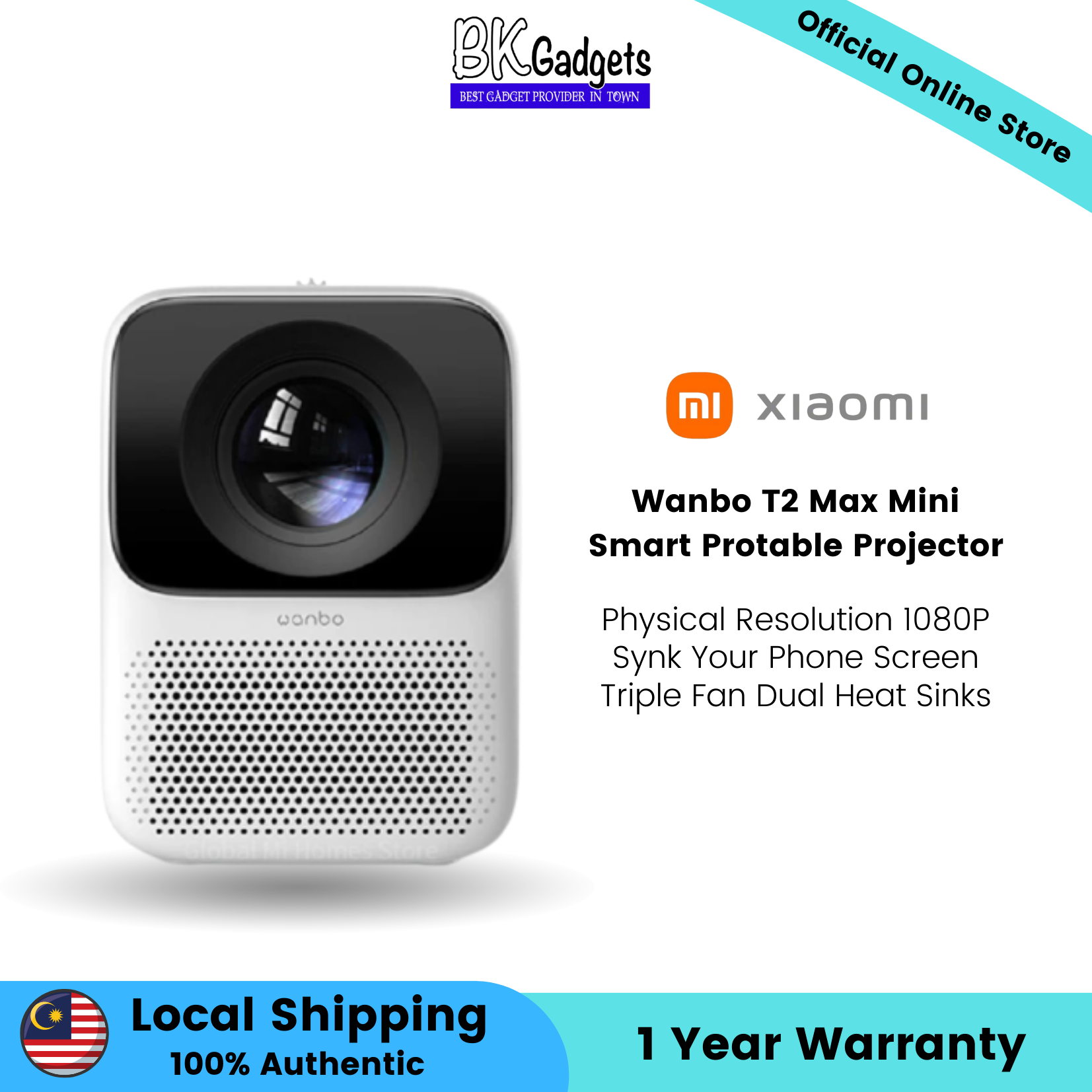 Wanbo T2 Max Mini Smart Portable Projector | Physical Resolution 1080P | Sync Your Phone Screen | Triple Fan Dual Heat Sinks