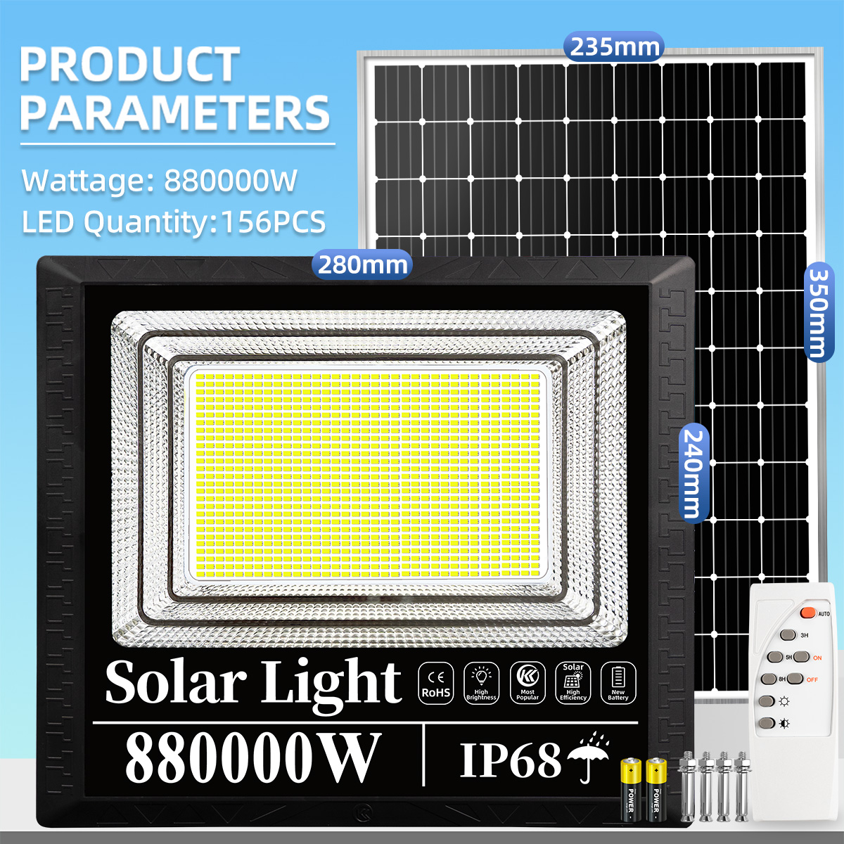 KKSKY Solar Light Outdoor Waterproof 880000W LED Flood Light Solar Outdoor Light Original Street Lamp With Solar Panel Remote Control 8000W 5000W 5 Years Solar Light Outdoor Waterproof Solar flood Light Indoor Street Lamp with panel
