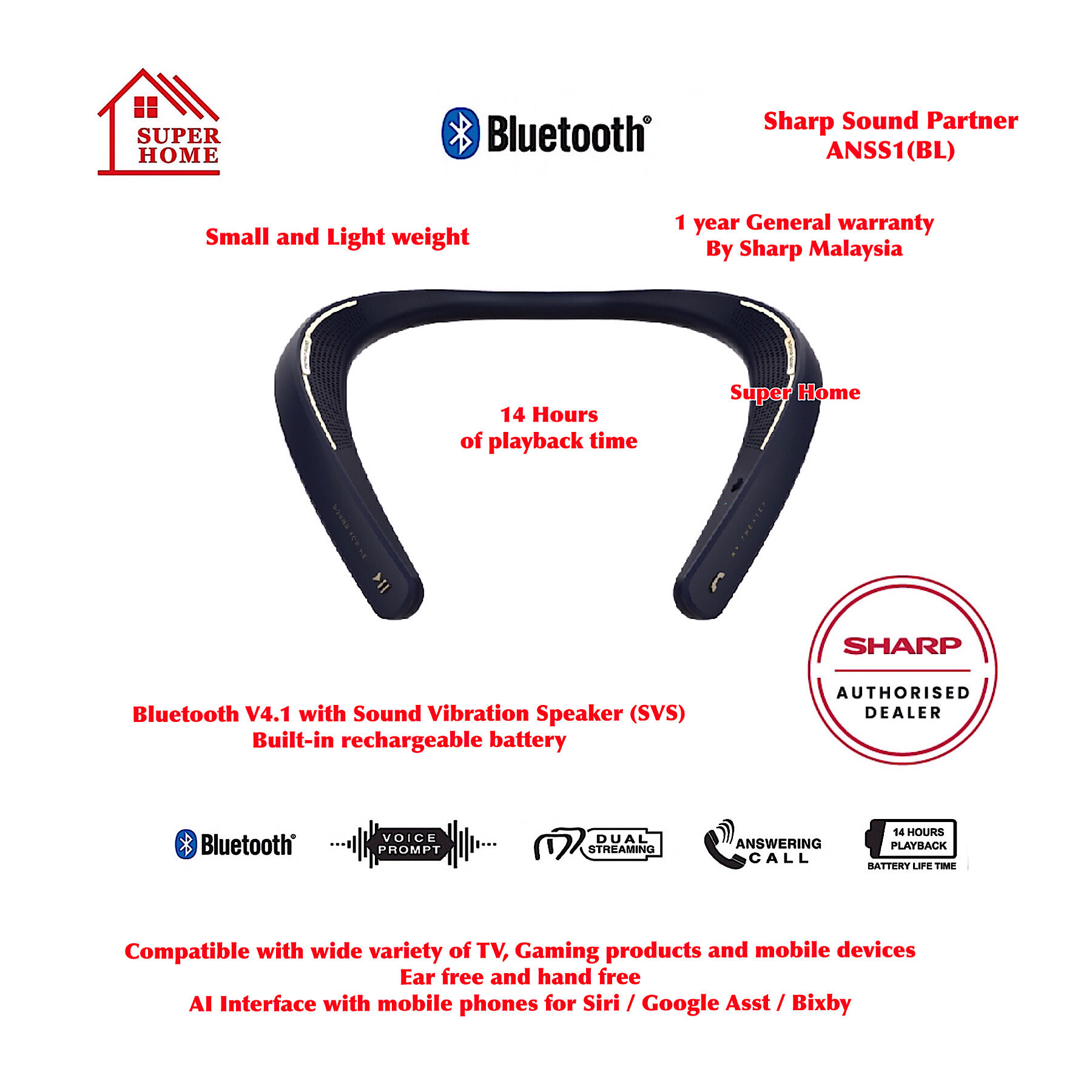 Sharp Bluetooth Sound Partner ANSS1 (BL) - Blue