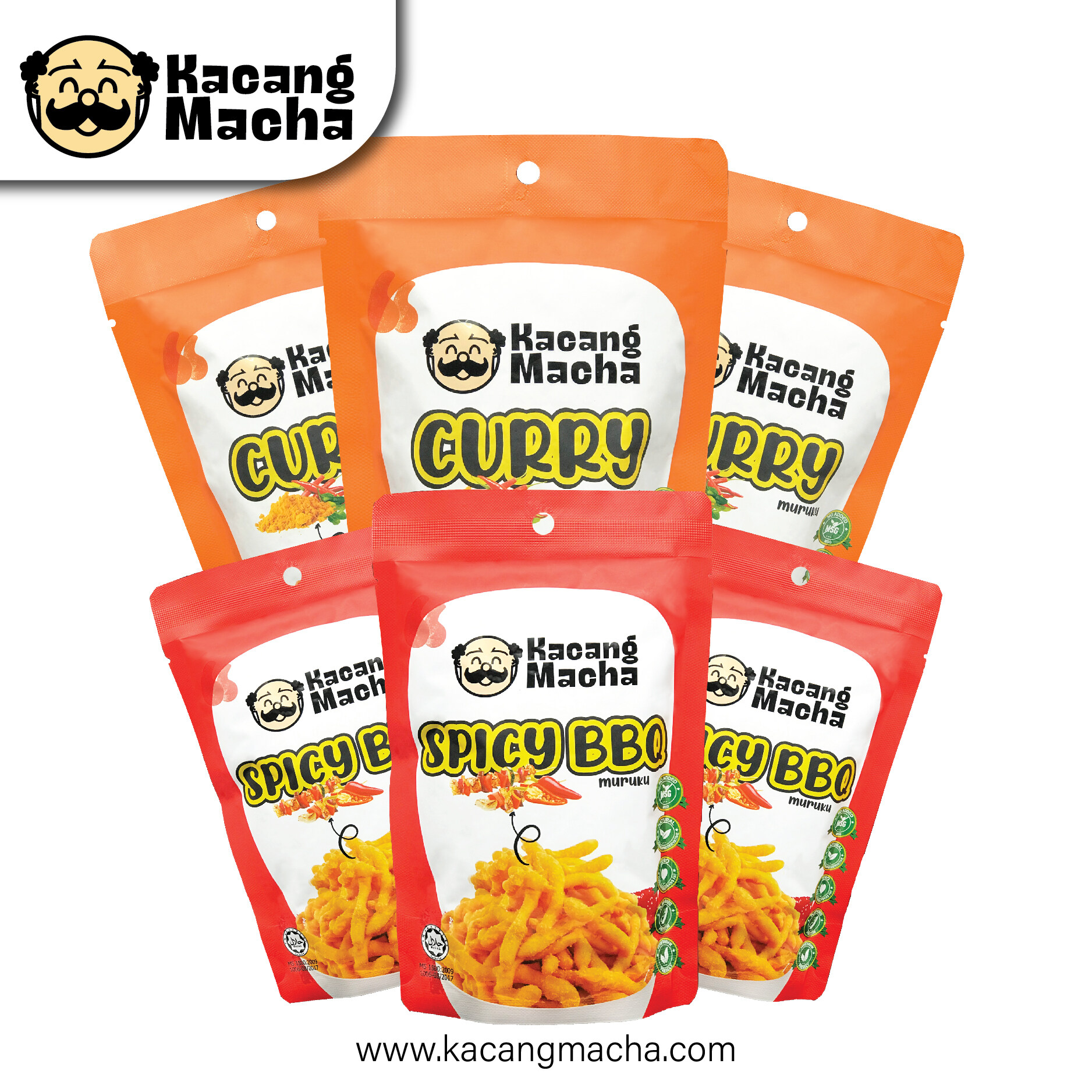 HALAL Kacang Macha : 6-Pack Combo Spicy Combo (Spicy BBQ Flavour + Curry Flavour)