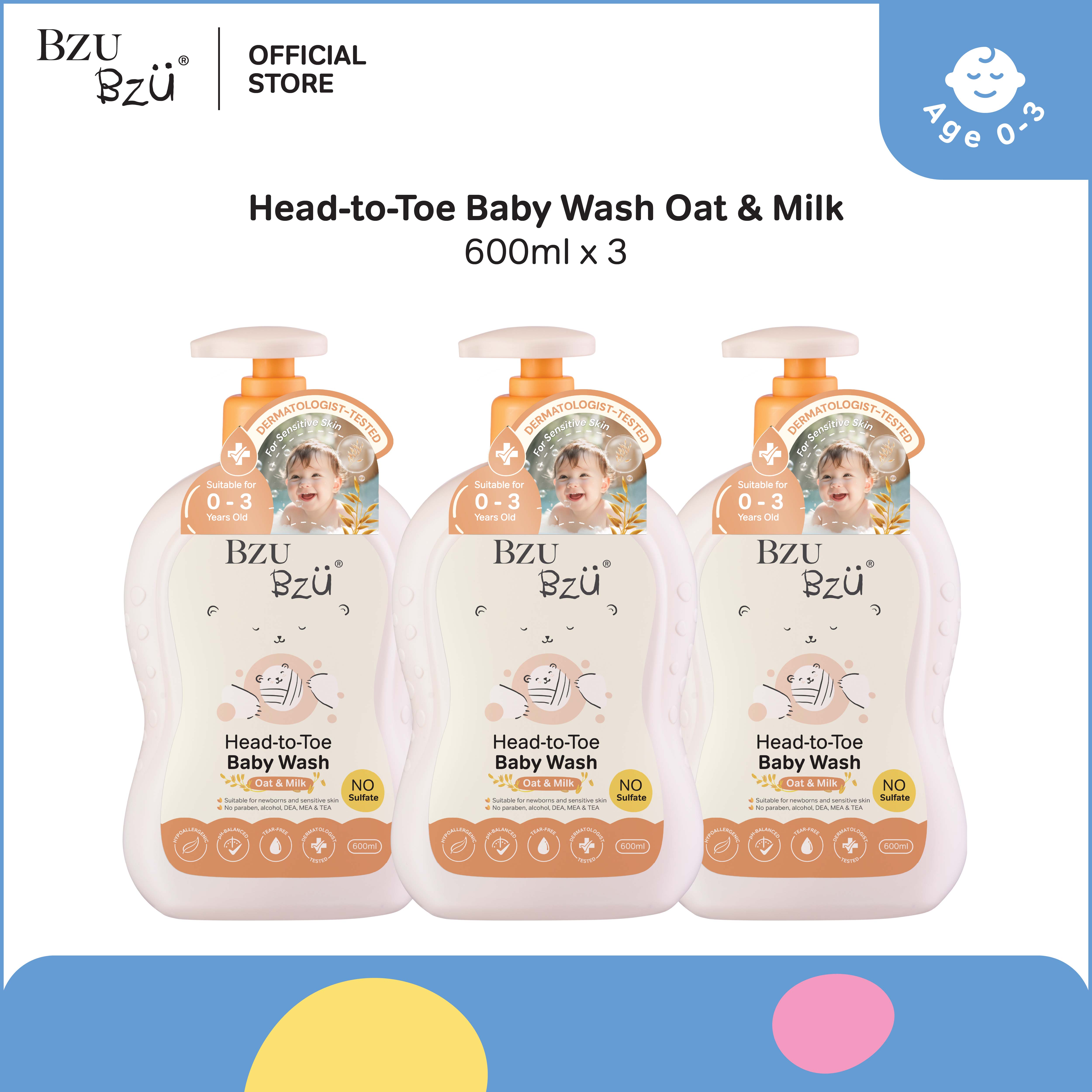BZU BZU Head to Toe Baby Wash Oat & Milk (600ml x 3)