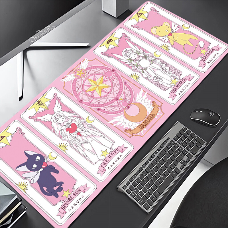 Pink 900x400mm Cardcaptor Sakura Large Deskmat Washable Pink Magic Wand Mouse pad Anime 80x30 Rubber Playmat Cartoon Gaming Laptop Keyboard Mat Anti-slip Mousepad