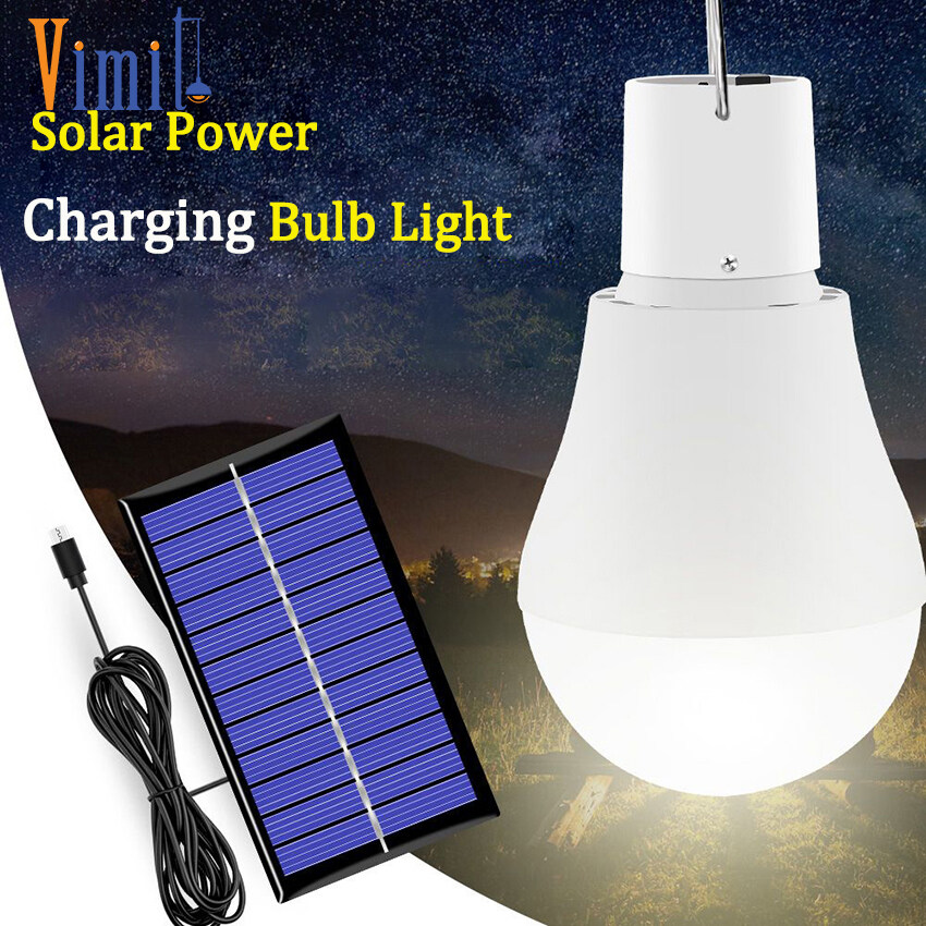 Vimite Led Solar Panel Light Bulb Outdoor Waterproof Garden Light Portable USB Rechargeable Hanging Bulb Lamp Indoor House for Camping Yard Emergency Lighting