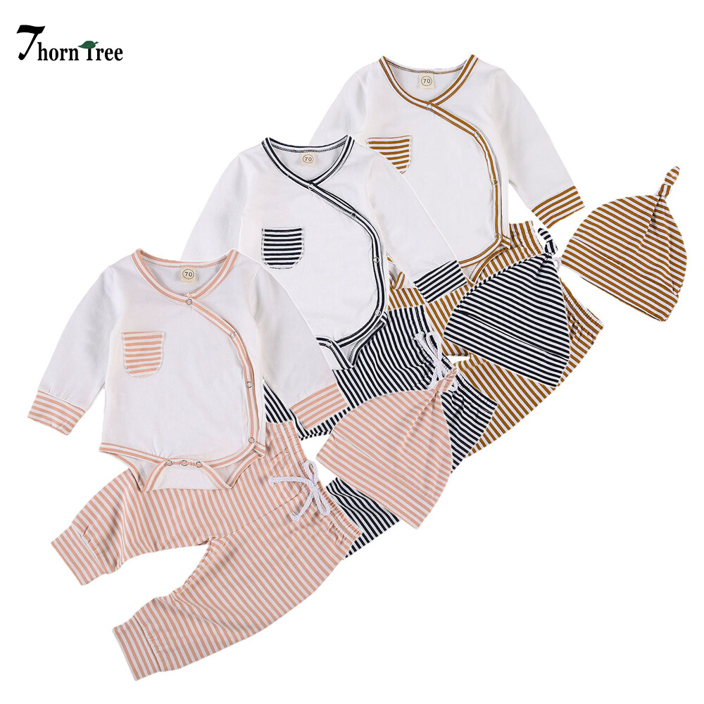 Buy Online Infant Baby Boy Girl Clothes Cotton Romper Striped Pants Hat Clothing Suit 0-18 Months Price Comparisons