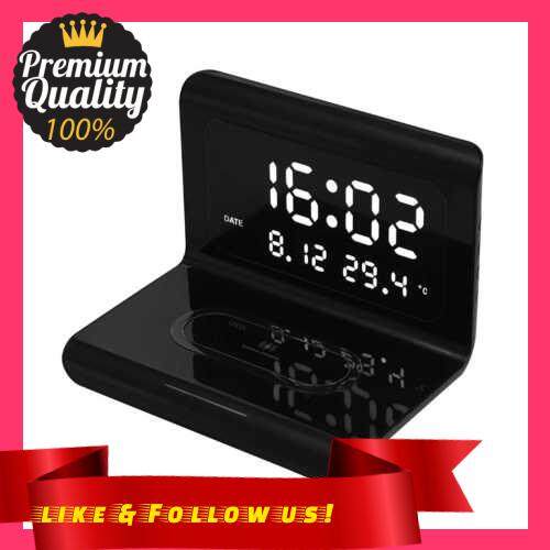 People\'s Choice 10W Wireless Charger Pad and Alarm Clock 8mm Sensing Distance Qi Wireless Charging Stand with Thermometer Calendar Time Display Charging Station Compatible with Android iOS Phones (Black)