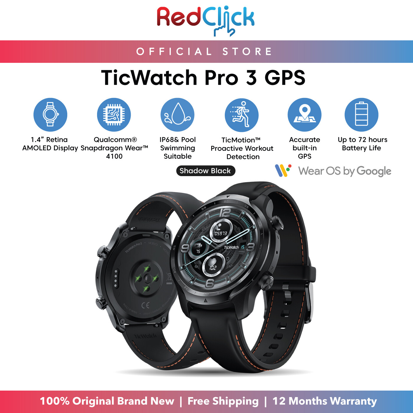Mobvoi TicWatch Pro 3 GPS 1.4" Retina AMOLED Colorful Dual Layer Display Wear OS Compatible With Mobvoi App