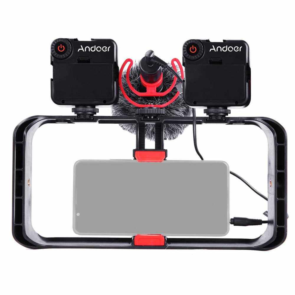 Andoer Smartphone Video Rig Kit Including Smartphone Cage with 3 Cold Shoe Mounts + 2pcs Mini LED Video Lights + Microphone with Shock Mount Wind Screen for Vlog Video Recording Live Streaming (Standard)