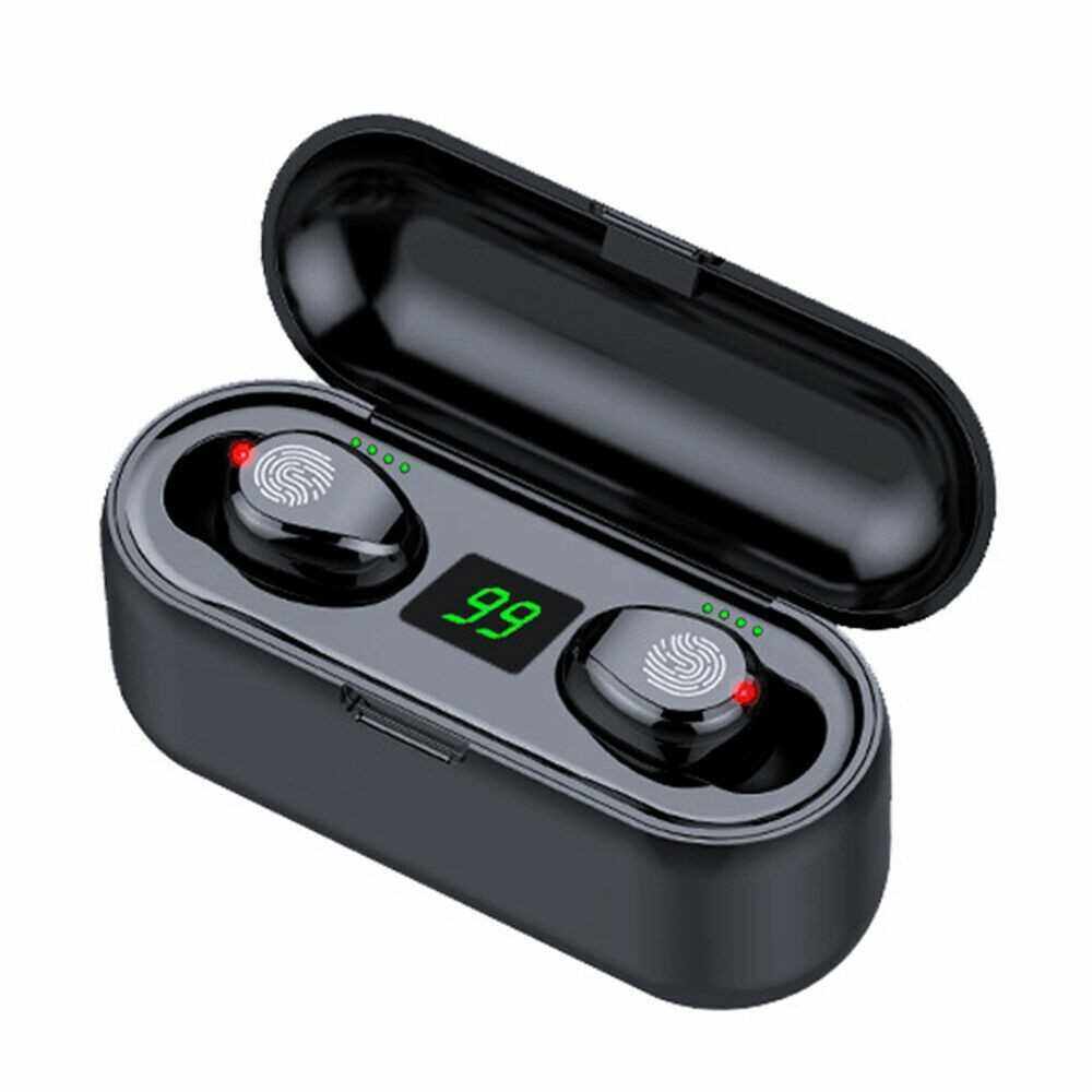 F9 True Wireless Headphones Bluetooth 5.0 TWS Earbuds Touch Control Sweatproof Sports Headset 1200mAh Charging Box Battery Power Display with Microphone USB Output (Black)