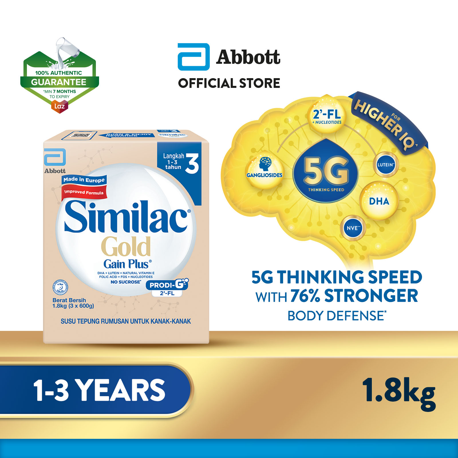Similac Gold Gain Plus Step 3 Milk Formula 1.8kg (Growing Up Milk for Faster Learning)