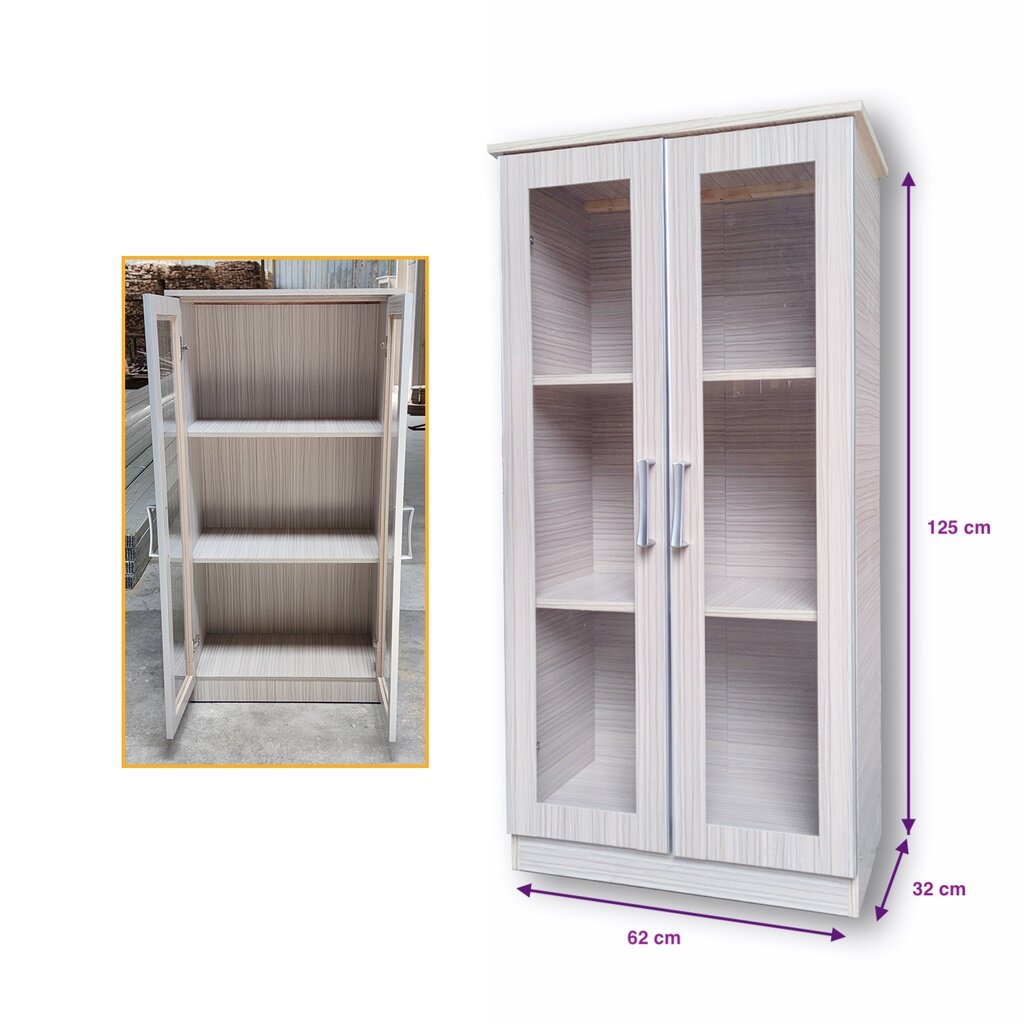 ROAM 4 Feet Glass Door Display Cabinet Nordic 2 Pintu Kaca 3 Tier Almari Buku Kabinet Storage Cabinet 4 Feet White Wash