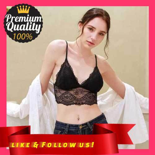 People's Choice Sexy Women French Style Vest Bralette Lace Wireless Solid Color Adjustable Strap Detachable Padding Seamless Underwear Deep V Girls Triangle Bra (Black)