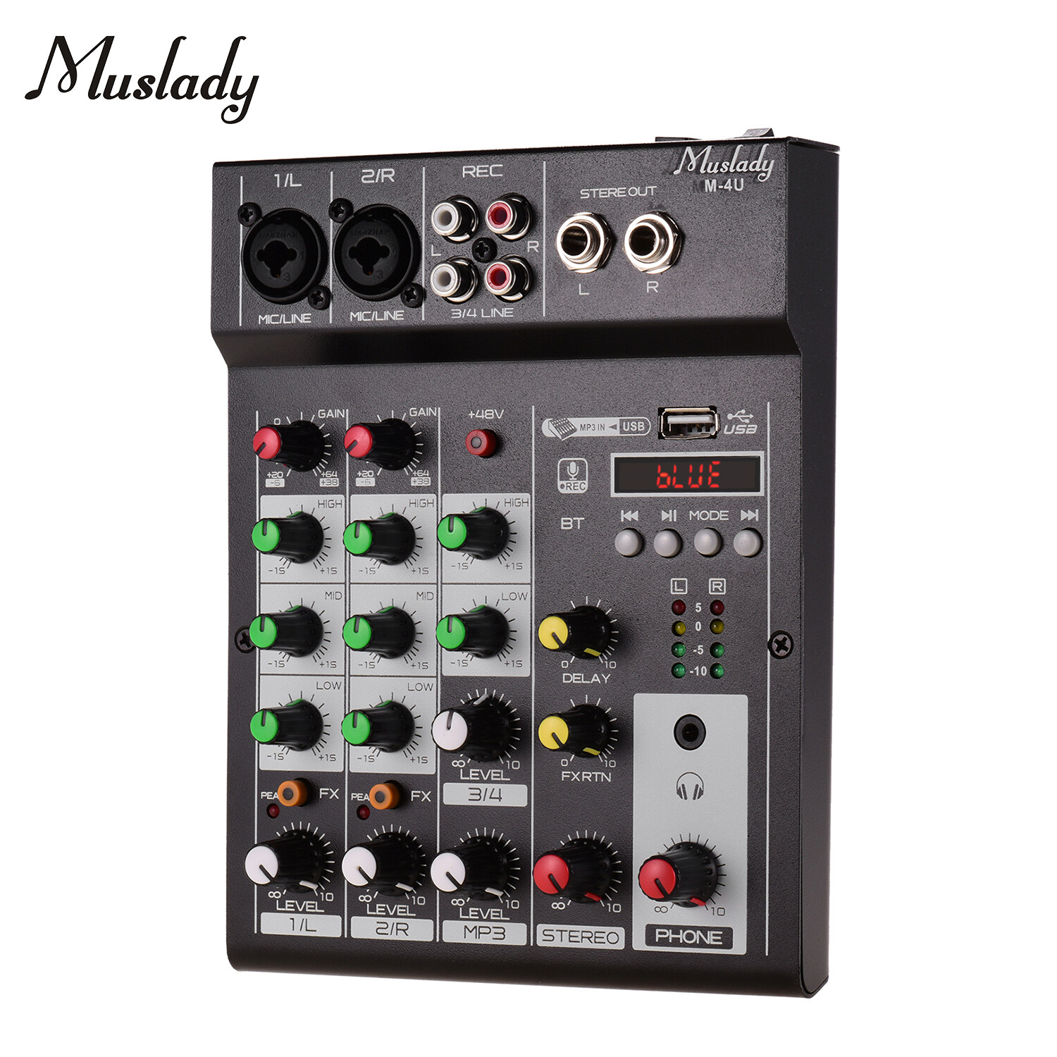 Muslady M-4Uแบบพกพา 4-Channel BT Mixing Consoleเครื่องมิกซ์เสียงดิจิตอลในตัวพัดโบกเอฟเฟกต์ + 48V Phantom Power 3-Band EQ DC 5-12V Power SupplyสำหรับการบันทึกDJ Network Live Broadcast