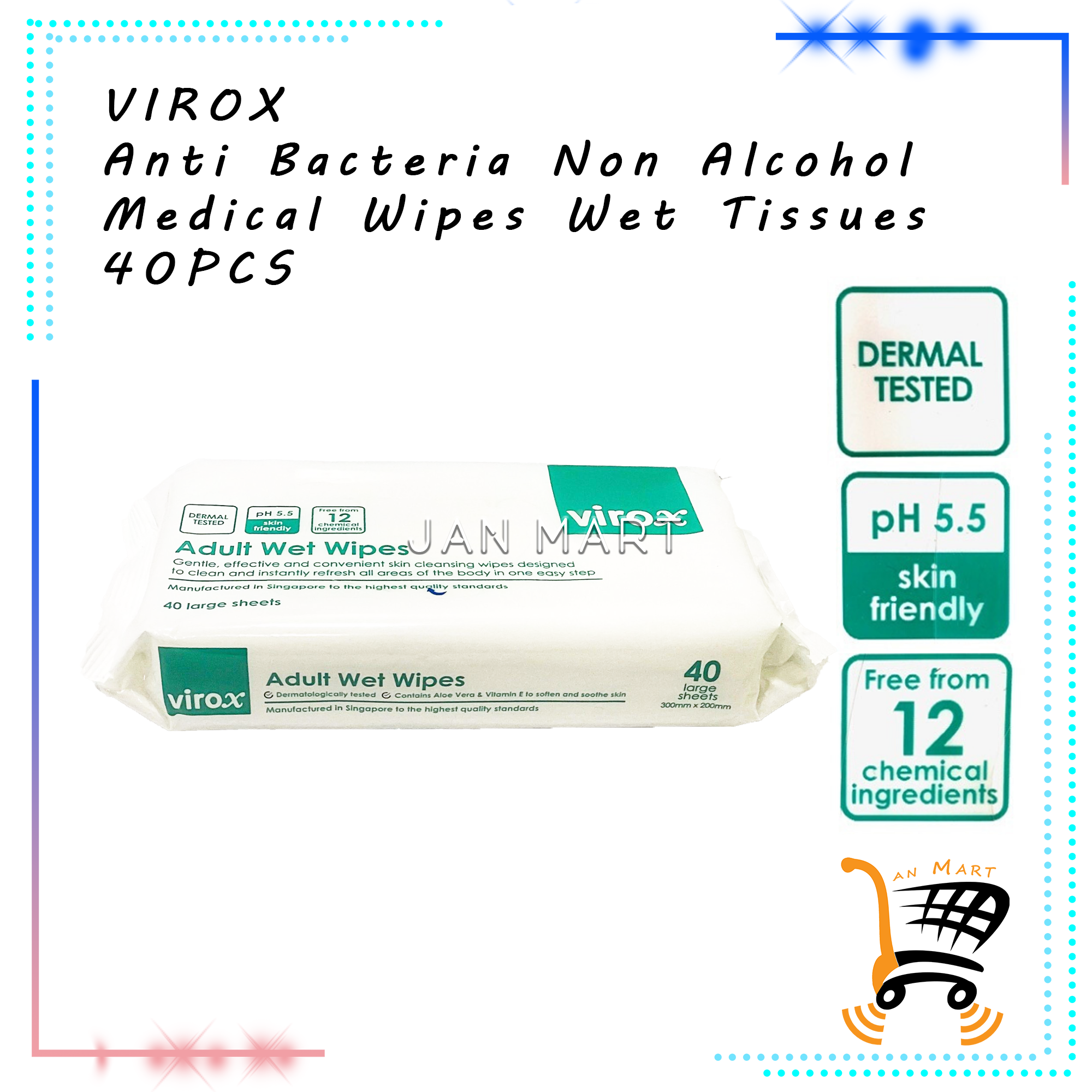VIROX Anti Bacteria Non Alcohol Medical Wipes Wet Tissues 40PCS