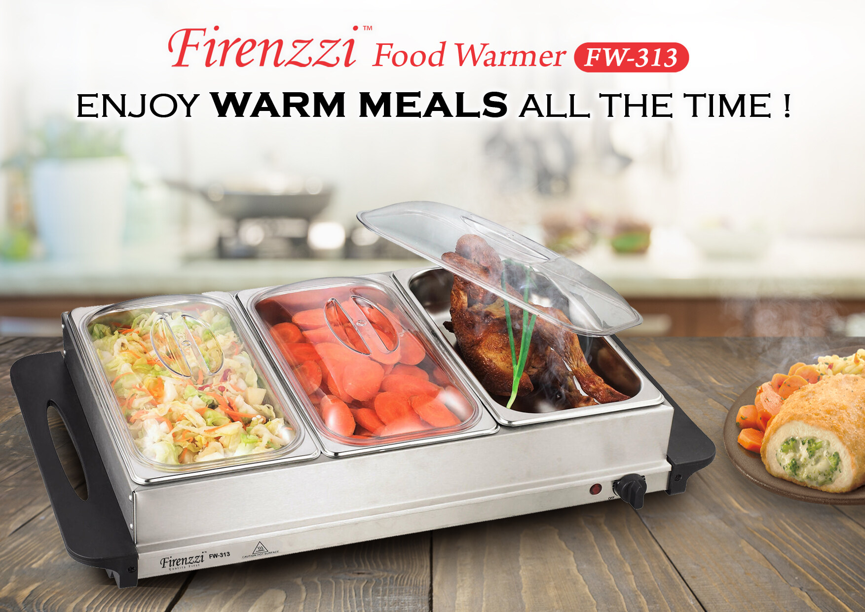 [LIMITED Unit Special Promotion] Firenzzi Food Warmer FW-313 ( 3 x 2.4L Stainless Steel Trays) with 2 more EXTRA F.O.C small size stainless steel tray  (1.1L)