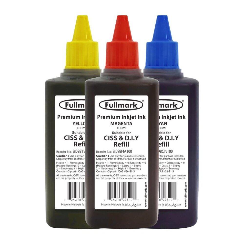 Fullmark BI098 Premium Inkjet Ink, 3 x 100ml ( 1 x Cyan, 1 x Magenta, 1 x Yellow) - compatible with HP