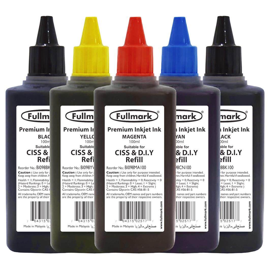Fullmark BI098 Premium Inkjet Ink, 5 x 100ml ( 1 x Cyan, 1 x Magenta, 1 x Yellow, 2 x Black) - compatible with Brother