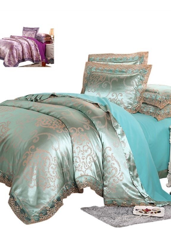 Wisjoy 4 Satin Lace Brim Jacquard Bedding Sets Premium Modal Luxury Stylish Super Comfy Soft Quilt Cover Bedsheet Pillowcase King Bed
