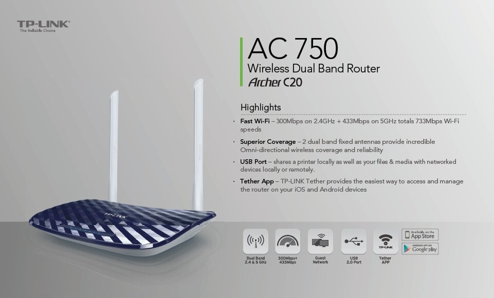 TP-LINK - ARCHER C20, AC750 Wireless Dual Band Router