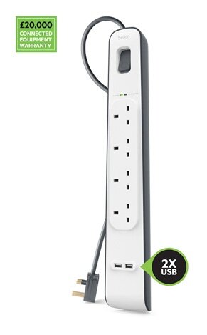 Belkin BSV401 4 Outlets 2M Surge Protection Strip with 2 x 2.4A Shared USB Charging, £20 000 Connected Equipment Warranty