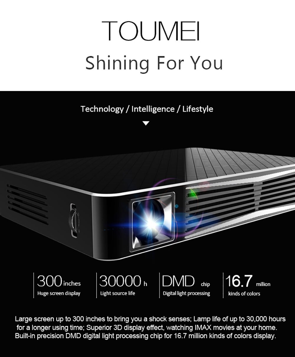 TOUMEI V3 DLP Projector 300 ANSI Lumens 1280 x 800 Pixels Wireless Bluetooth 4.0 WiFi Android V4.4 1080P HD 3D Media Player