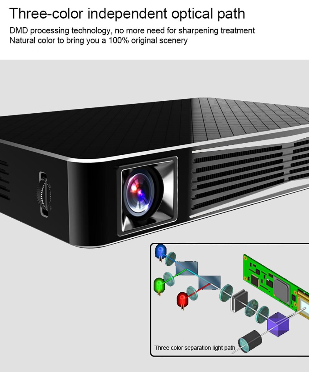 TOUMEI V3 DLP Projector 300 ANSI Lumens 1280 x 800 Pixels Wireless Bluetooth 4.0 WiFi Android V4.4 1080P HD 3D Media Player