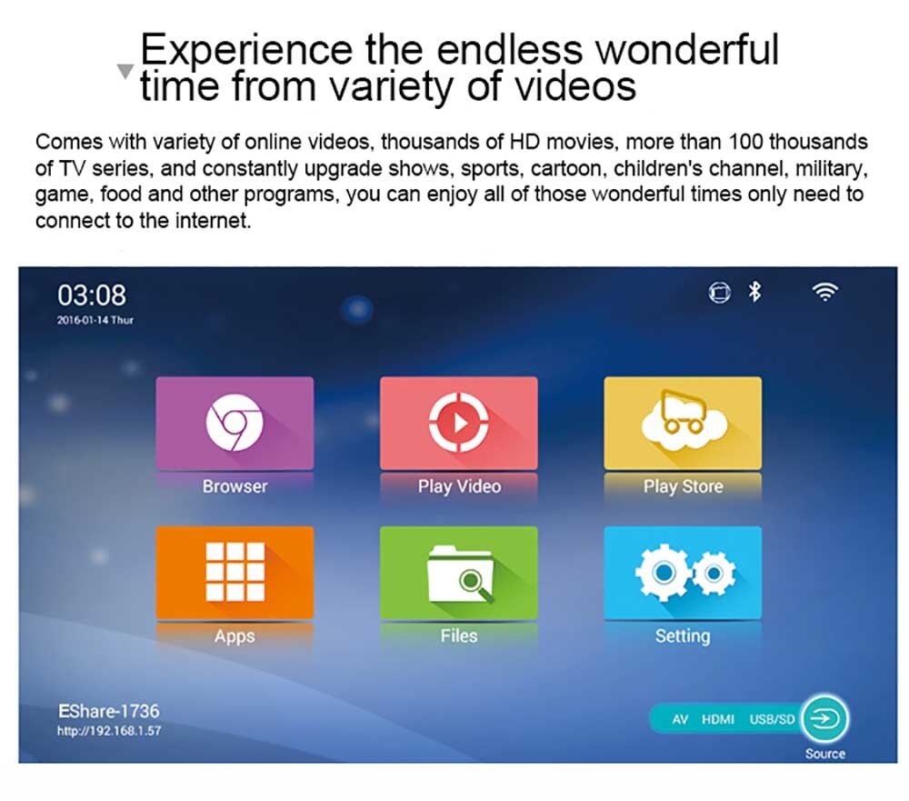 TOUMEI V3 DLP Projector 300 ANSI Lumens 1280 x 800 Pixels Wireless Bluetooth 4.0 WiFi Android V4.4 1080P HD 3D Media Player