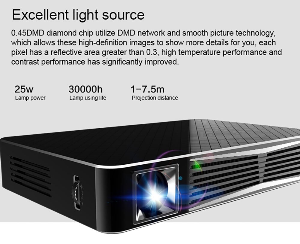 TOUMEI V3 DLP Projector 300 ANSI Lumens 1280 x 800 Pixels Wireless Bluetooth 4.0 WiFi Android V4.4 1080P HD 3D Media Player