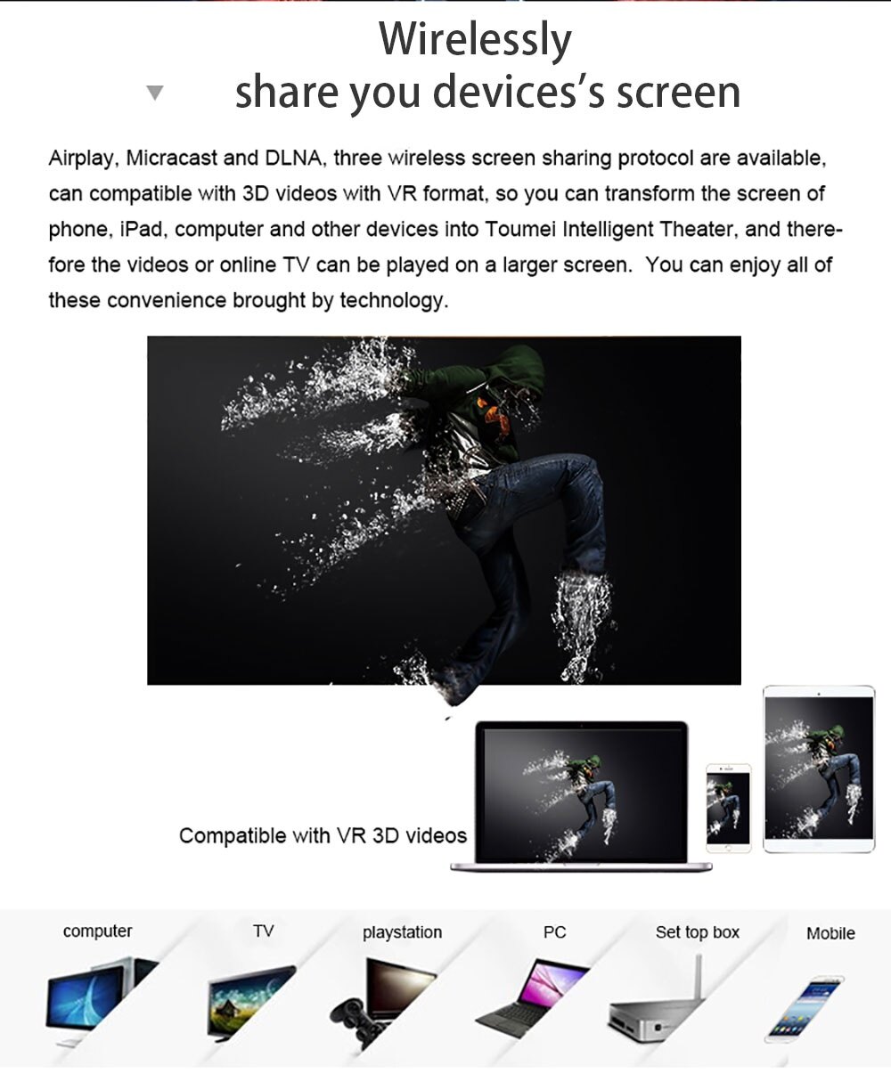 TOUMEI V3 DLP Projector 300 ANSI Lumens 1280 x 800 Pixels Wireless Bluetooth 4.0 WiFi Android V4.4 1080P HD 3D Media Player