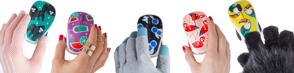 Woman’s lace-gloved hand using Gorilla mouse; Woman’s hand using Cocktail mouse; Spaceman’s hand using Spaceman mouse; Woman’s hand using Flamingo mouse; Gorillas hand using Toucan mouse