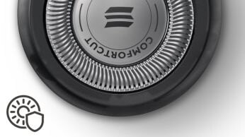 Rounded edges move smoothly over skin for a protective shave