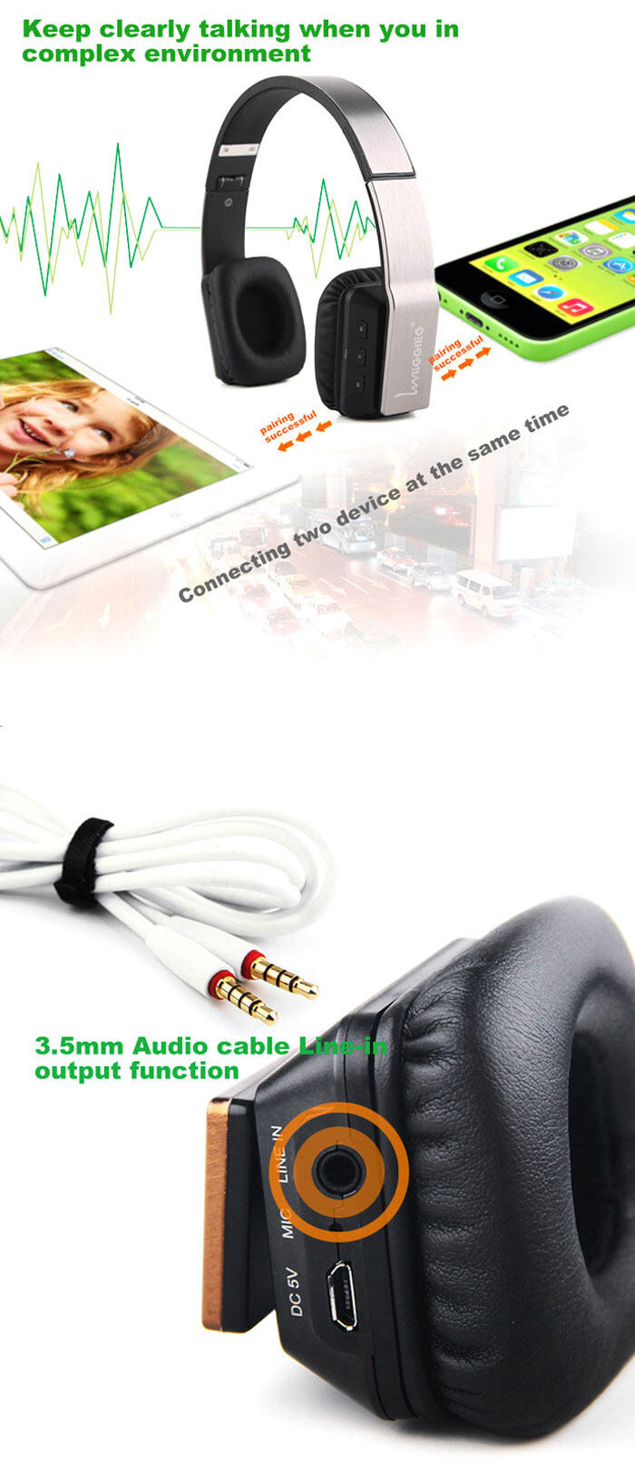 VEGGIEG V8200 Stretch Wireless Bluetooth V4.0 + EDR Hands Free Headset MP3 Music Headphone with 3.5mm Jack and Micro USB Interface for iPhonefor Samsung Smartphones Laptop etc.
