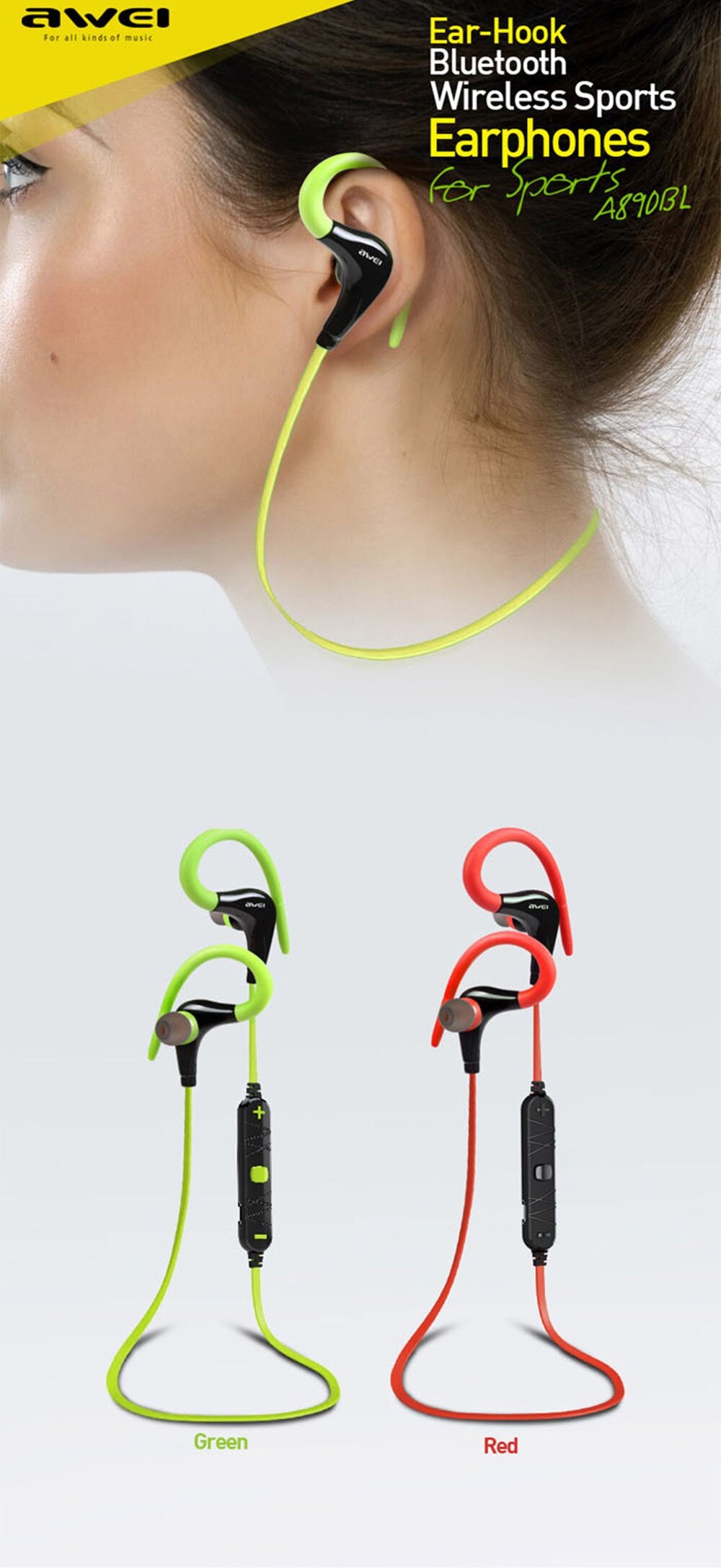 Awei A890BL Wireless Sports Bluetooth 4.0 Earphone with Handsfree Function